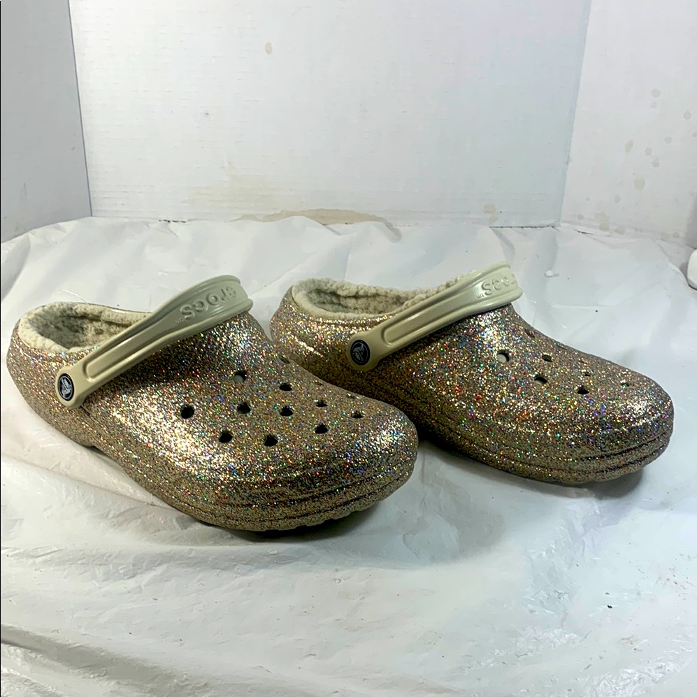 Crocs Classic Gold Glitter Lined Adult Unisex Womens Clog Shoes